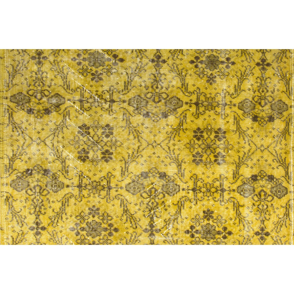 Yellow Color Overdyed Handmade Vintage Turkish Rug with Floral Design
