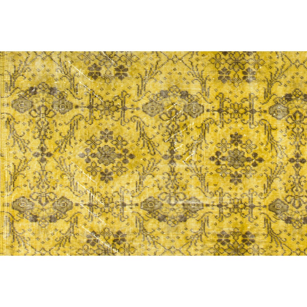 Yellow Color Overdyed Handmade Vintage Turkish Rug with Floral Design