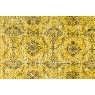 Yellow Color Overdyed Handmade Vintage Turkish Rug with Floral Design