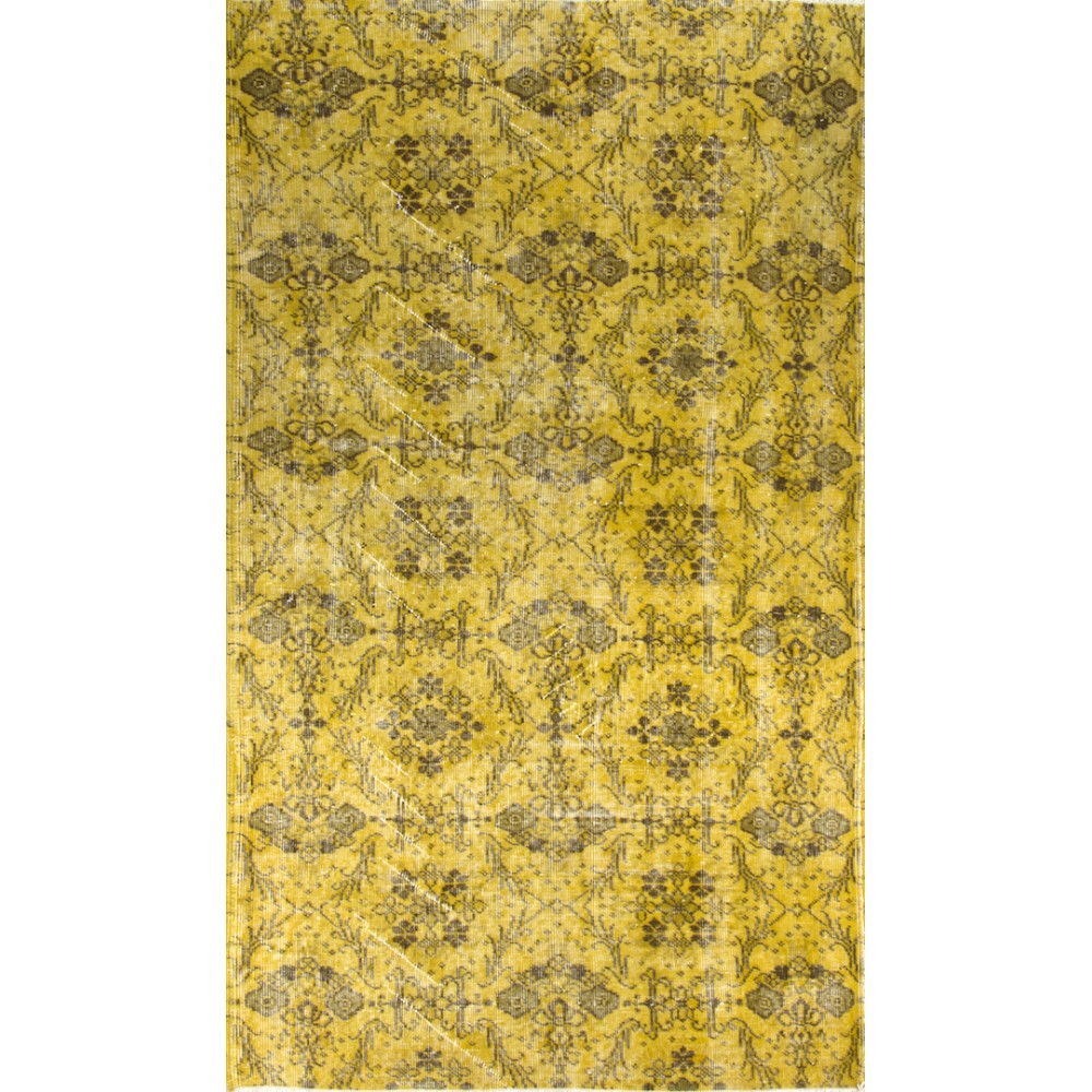 Yellow Color Overdyed Handmade Vintage Turkish Rug with Floral Design