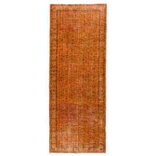 Orange Color Overdyed Handmade Vintage Turkish Runner Rug with Floral Design