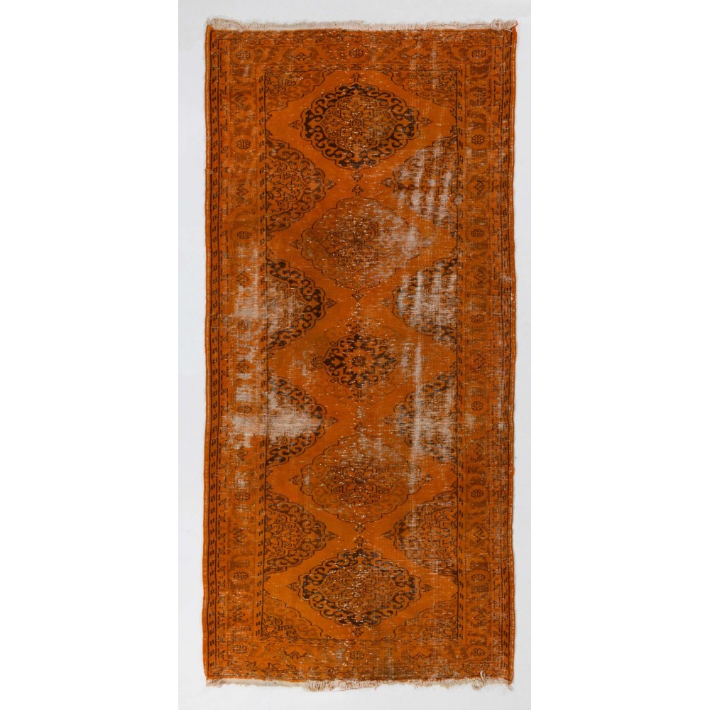 Distressed Handmade Vintage Turkish Runner Rug Over-dyed in Orange