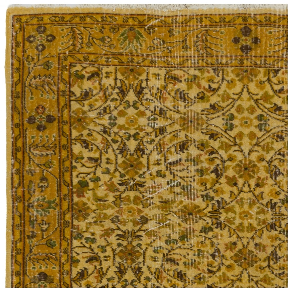 Yellow Color Overdyed Handmade Vintage Turkish Rug with Floral Design Yellow Color Overdyed Handmade Vintage Turkish Rug with Floral Design