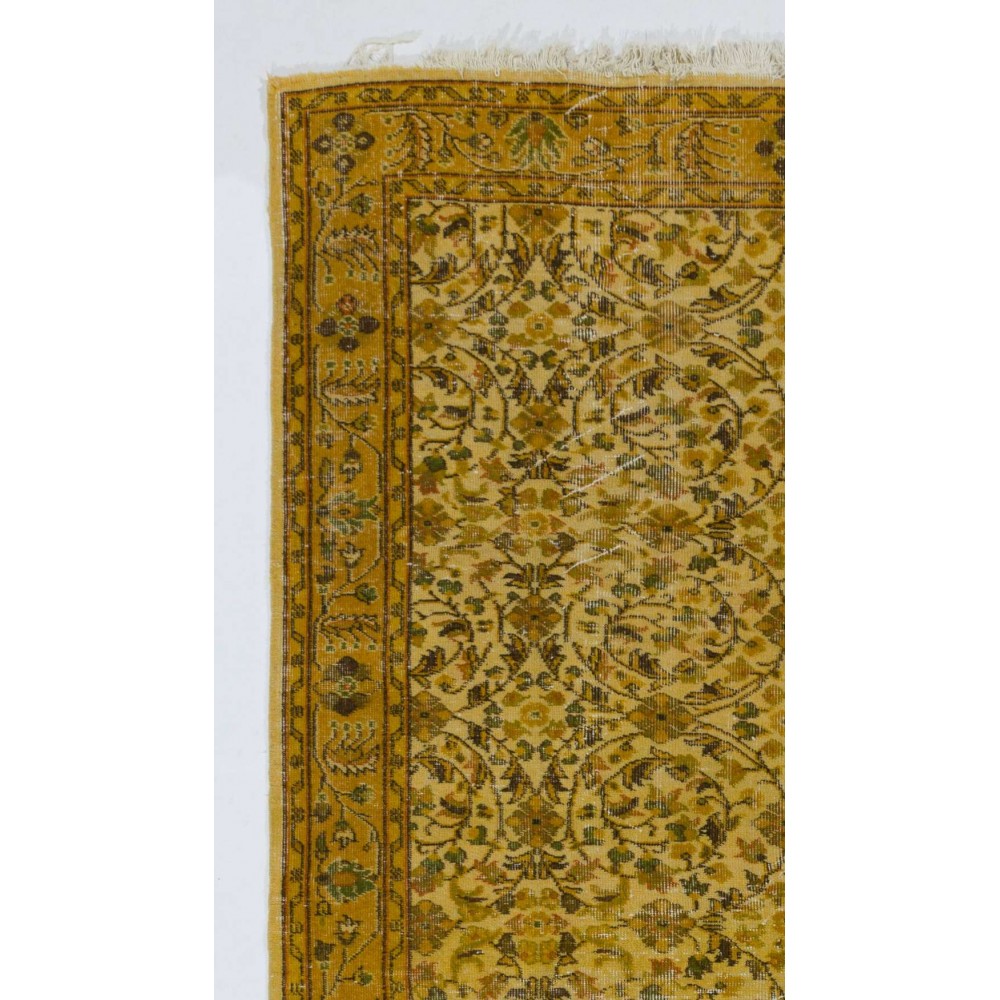 Yellow Color Overdyed Handmade Vintage Turkish Rug with Floral Design