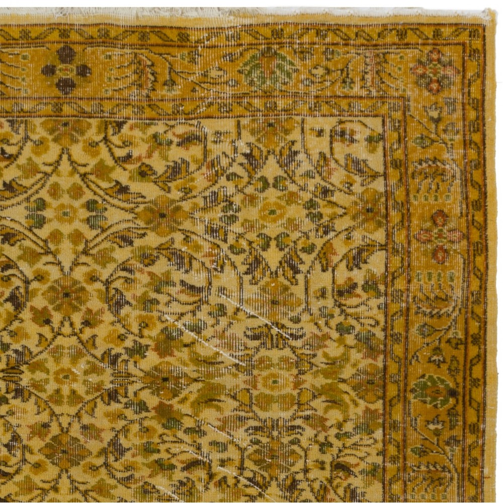 Yellow Color Overdyed Handmade Vintage Turkish Rug with Floral Design Yellow Color Overdyed Handmade Vintage Turkish Rug with Floral Design