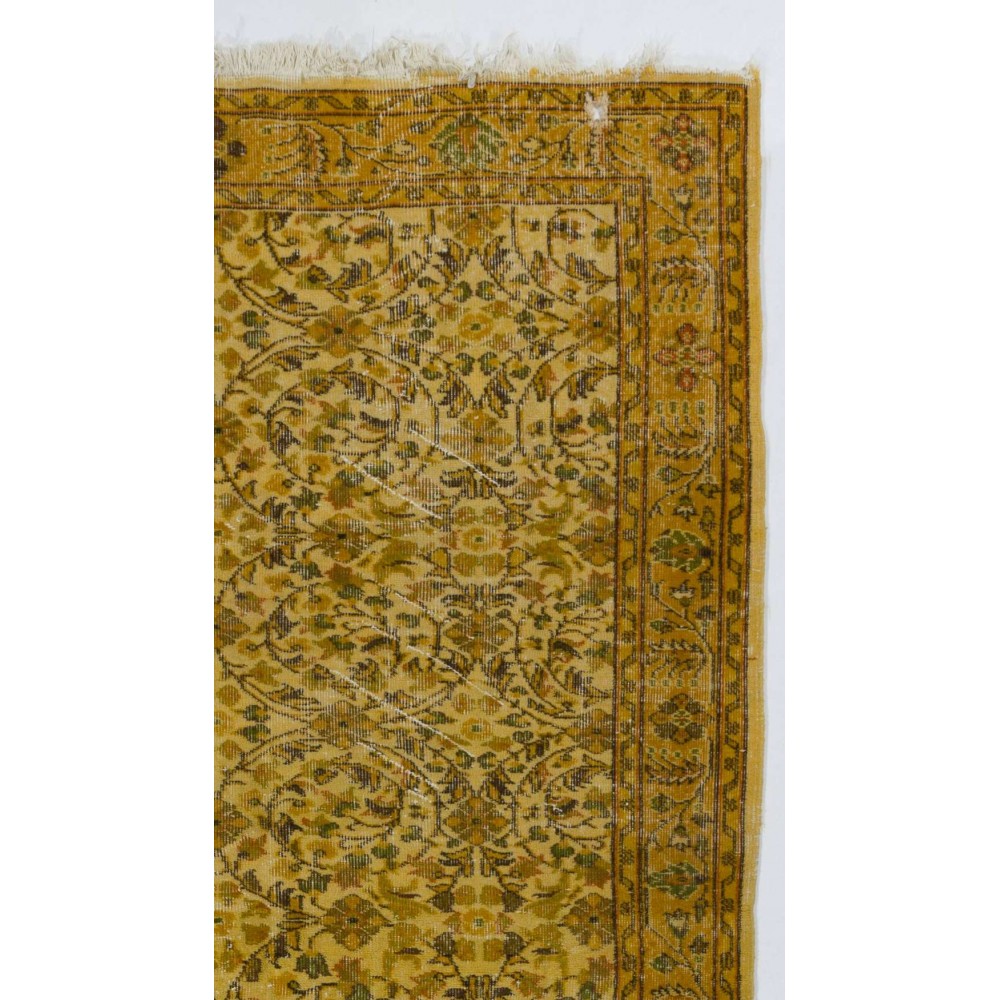 Yellow Color Overdyed Handmade Vintage Turkish Rug with Floral Design