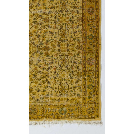 Yellow Color Overdyed Handmade Vintage Turkish Rug with Floral Design
