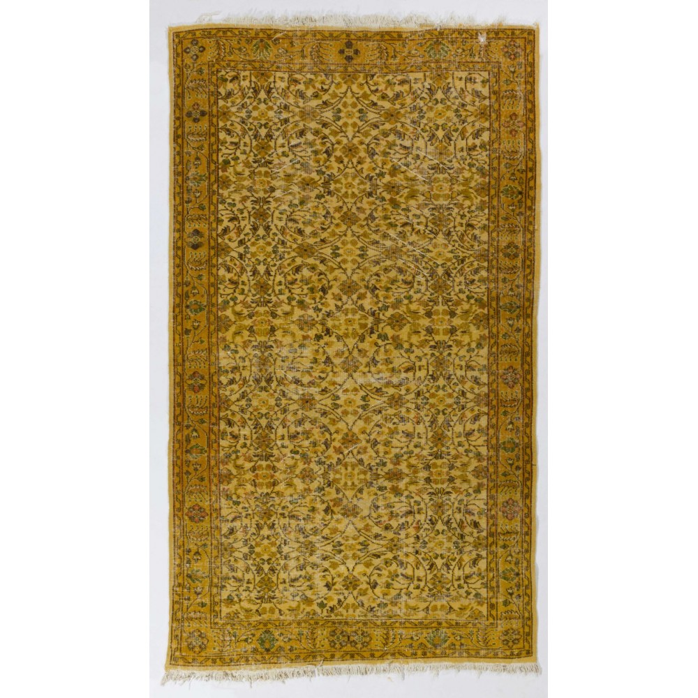 Yellow Color Overdyed Handmade Vintage Turkish Rug with Floral Design