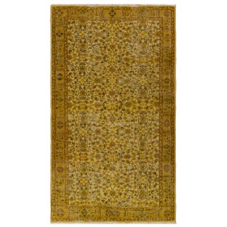 Yellow Color Overdyed Handmade Vintage Turkish Rug with Floral Design