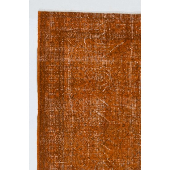 Distressed Vintage Handmade Turkish Rug Over-dyed in Orange Color. Woolen Floor Covering