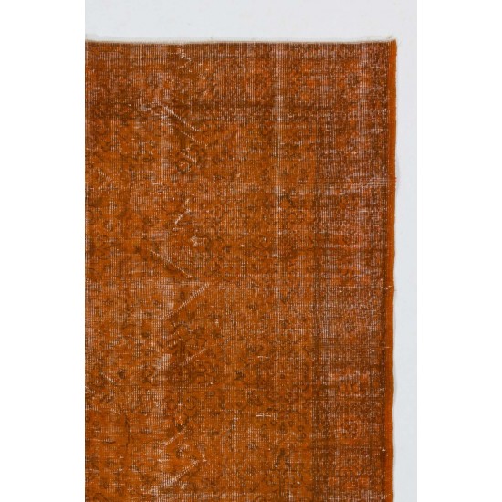 Distressed Vintage Handmade Turkish Rug Over-dyed in Orange Color. Woolen Floor Covering