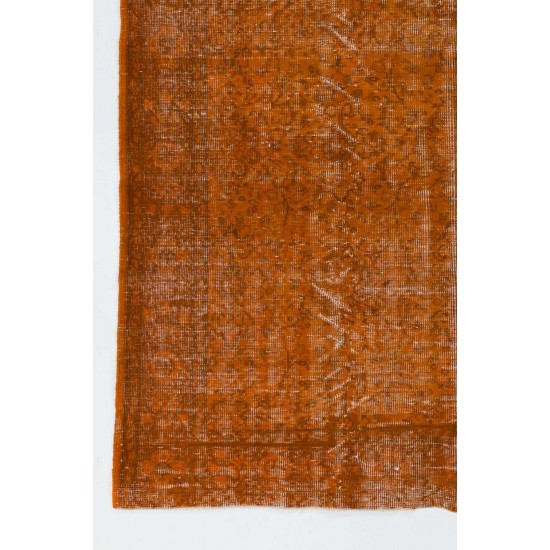 Distressed Vintage Handmade Turkish Rug Over-dyed in Orange Color. Woolen Floor Covering