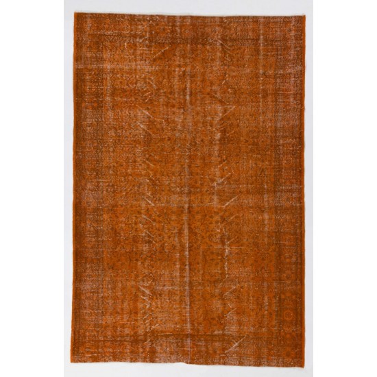 Distressed Vintage Handmade Turkish Rug Over-dyed in Orange Color. Woolen Floor Covering