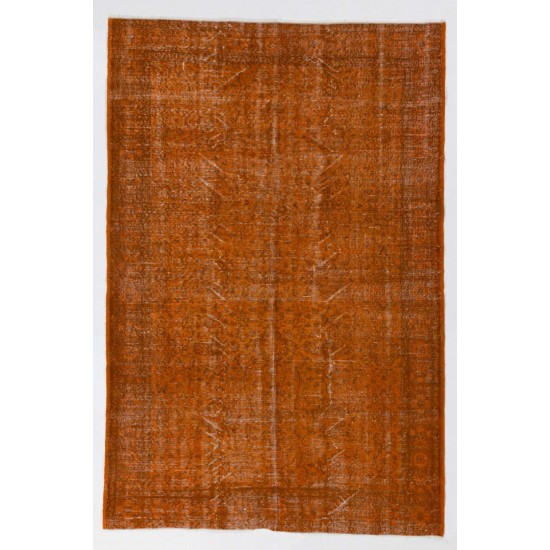 Distressed Vintage Handmade Turkish Rug Over-dyed in Orange Color. Woolen Floor Covering Distressed Vintage Handmade Turkish Rug Over-dyed in Orange Color. Woolen Floor Covering
