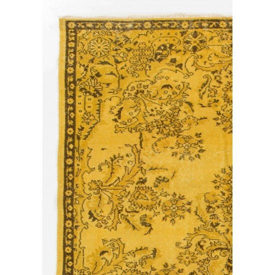 Yellow Color Over-dyed Handmade Vintage Turkish Rug with Medallion Design