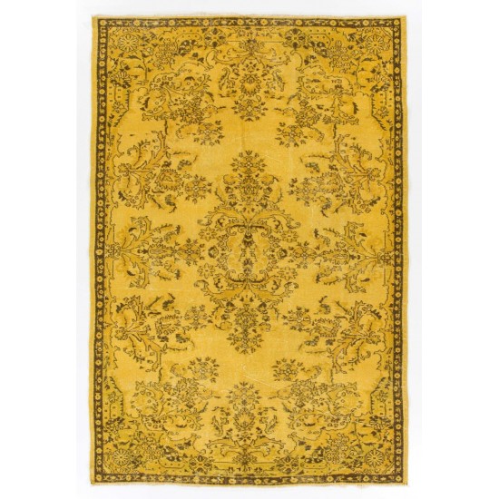 Yellow Color Over-dyed Handmade Vintage Turkish Rug with Medallion Design