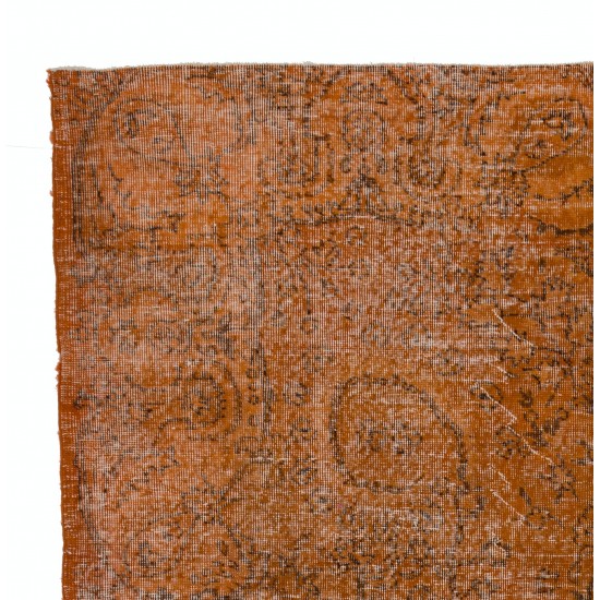 Distressed Vintage Handmade Turkish Rug Over-dyed in Orange Color. Woolen Floor Covering Distressed Vintage Handmade Turkish Rug Over-dyed in Orange Color. Woolen Floor Covering