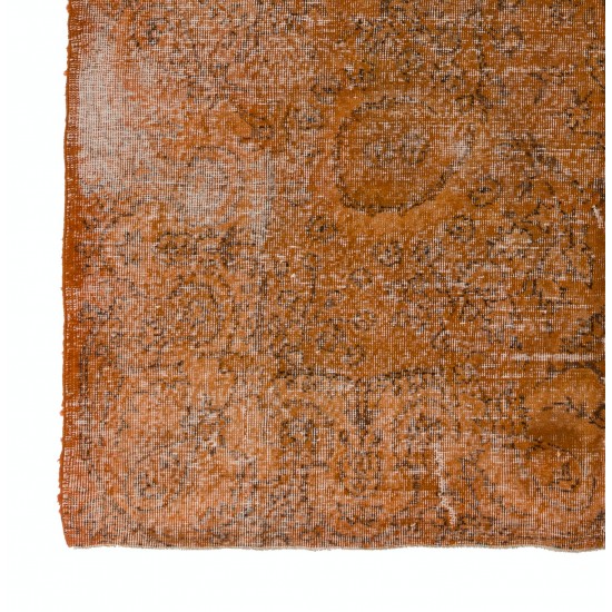 Distressed Vintage Handmade Turkish Rug Over-dyed in Orange Color. Woolen Floor Covering Distressed Vintage Handmade Turkish Rug Over-dyed in Orange Color. Woolen Floor Covering