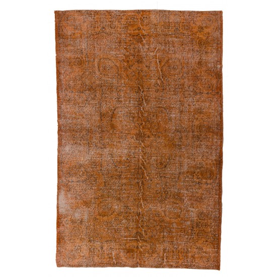 Distressed Vintage Handmade Turkish Rug Over-dyed in Orange Color. Woolen Floor Covering