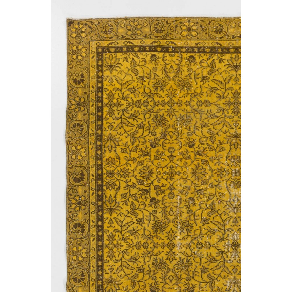 Yellow Color Over-dyed Vintage Handmade Turkish Rug with Floral Design