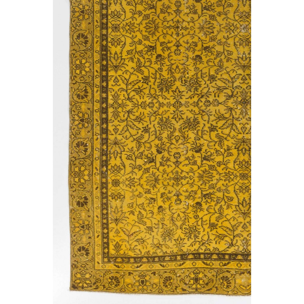 Yellow Color Over-dyed Vintage Handmade Turkish Rug with Floral Design