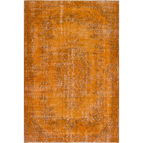 Hand-knotted Vintage Turkish Area Rug Over-dyed in Orange Color